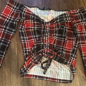 Red and Black Plaid Ruched Top